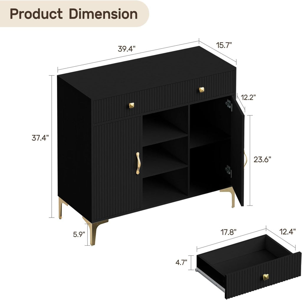 Black Sideboard Buffet Cabinet with Adjustable Shelves, Modern Storage Cabinet with Drawers and Doors, Sleek Buffet for Dining Room, Living Room, Entryway, 39.4 Inch