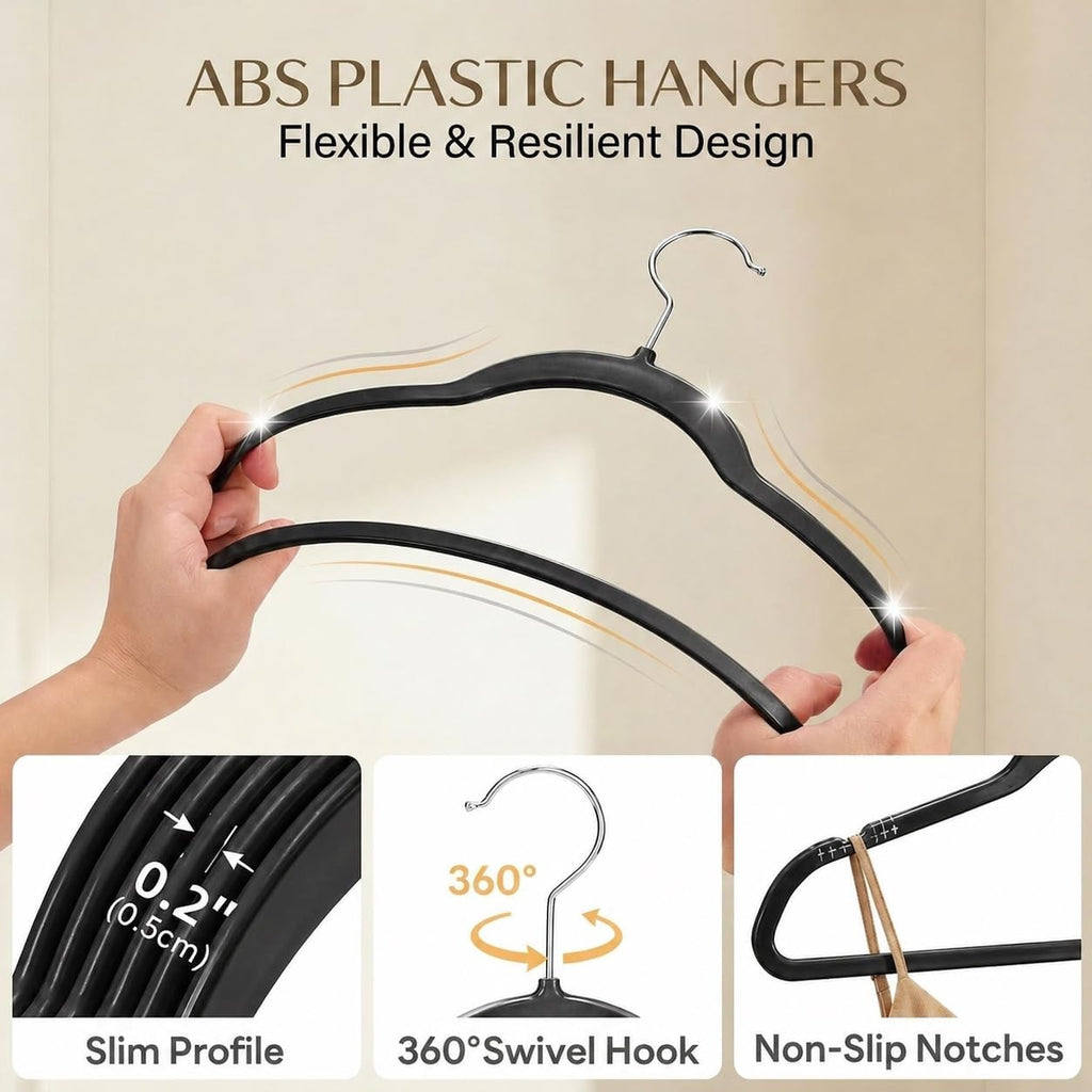 SMARTOR Plastic Hangers 20 Pack - Thin and Slim Design for Space Saving Organizer - Heavy Duty Durable Closet Organizers and Storage with 360 Swivel Hooks, Non Slip Notches for Straps - Black