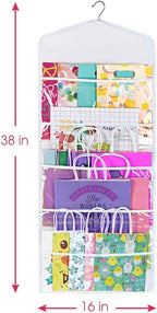 Gift Bag and Tissue Paper Storage, Hanging Organizer with Multiple Front and Back Pockets Double Sided, Organize Gift Wrap and Paper Bags 38 x 16 Inch (White)