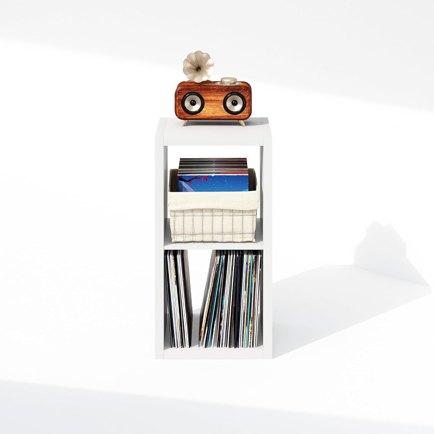 Furinno Cubicle Record Player Stand with Vinyl Storage, 2-Cube 1.2 Extra Thick Vinyl Record Storage, Open Back Media Shelf for CD DVD Blueray Game Disc, for Living Room, Home Office, White