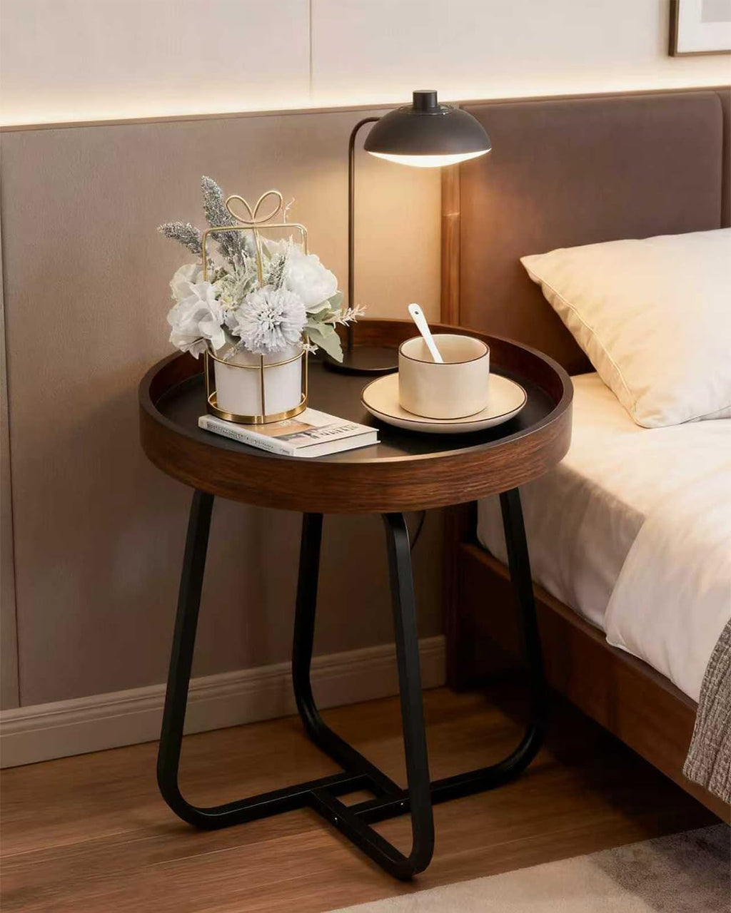 Side Table, a Small Round Side Table with Metal Legs. Suitable for use as a Coffee Table in the Living Room or as a Night Stand in the Bedroom.