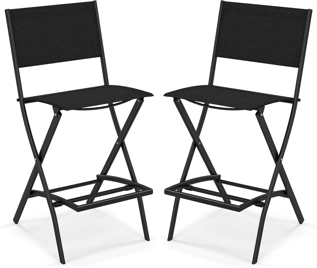 Tangkula Outdoor Barstools Set of 2, Counter Height Folding Bar Chairs with Back and Footrest, Versatile Patio Dining Chairs with Breathable Fabric & Heavy-Duty Metal Frame (2, Black)