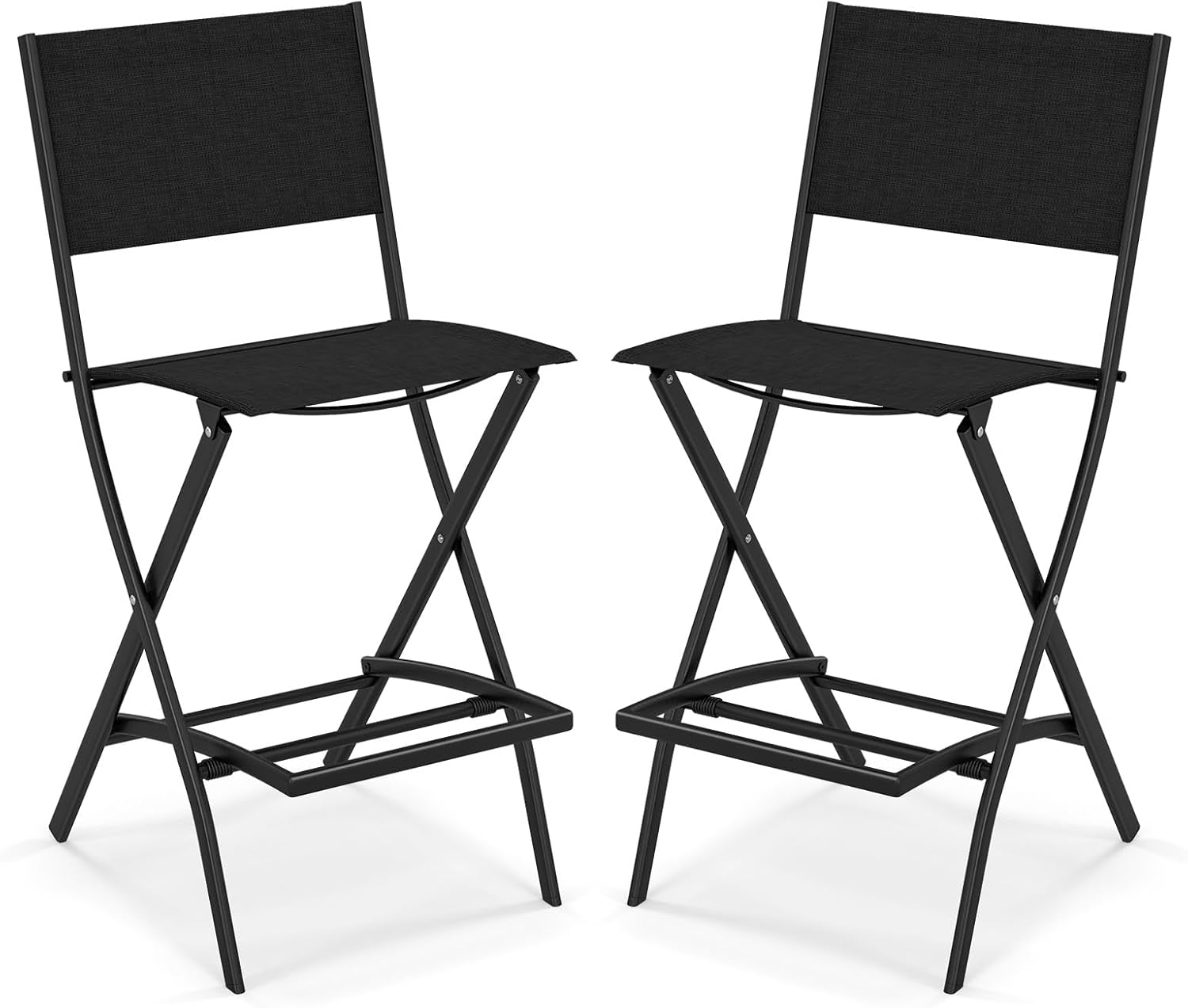 Tangkula Outdoor Barstools Set of 2, Counter Height Folding Bar Chairs with Back and Footrest, Versatile Patio Dining Chairs with Breathable Fabric & Heavy-Duty Metal Frame (2, Black)