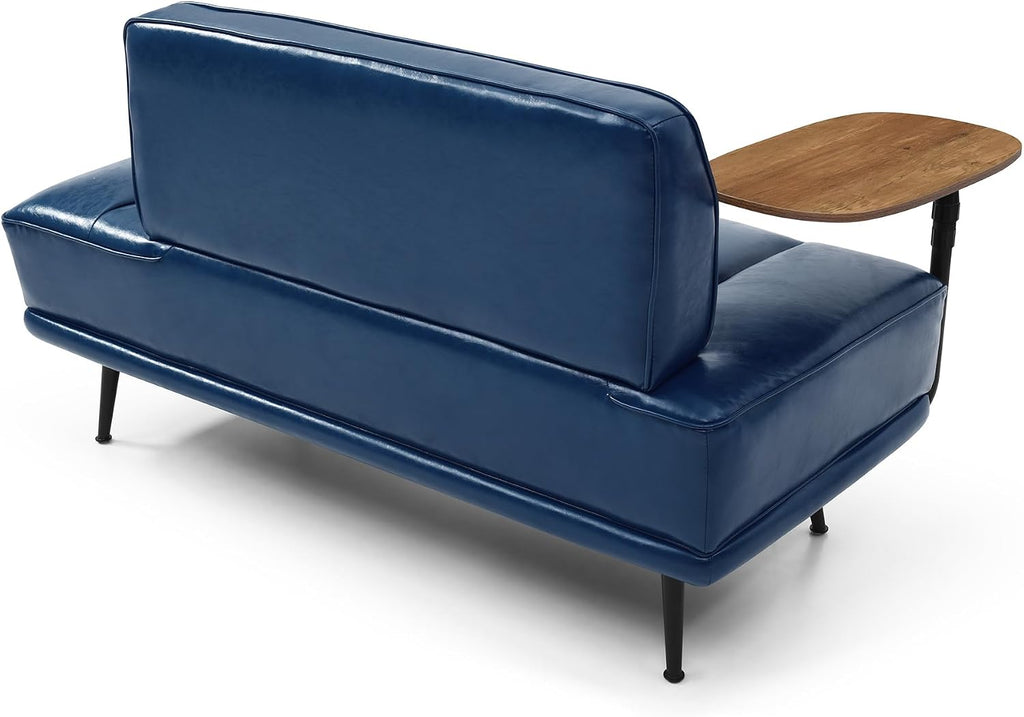 55" Modern Upholstered Bedroom Bench with Side Table - 360° Rotating Tray, PU Leather Cushion, Metal Legs for Living Room & Entryway (Blue)