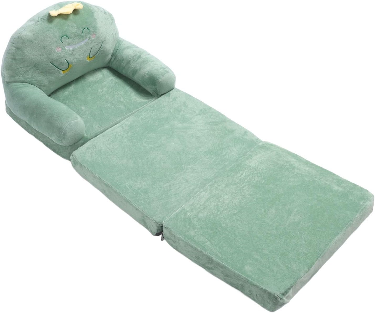 Cartoon Green Dinosaur Kids Sofa, Foldable Toddler Chair with Wide Handle, Soft Breathable Mini Couch for Reading, Relaxing, Sleeping (Folding in Thirds)