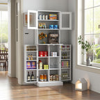 71" Kitchen Pantry Cabinet, Tall Storage Cabinet with Microwave Stand, Freestanding Farmhouse Pantry Cupboard Cabinet with Doors and Adjustable Shelves, for Kitchen, Dining Room, White