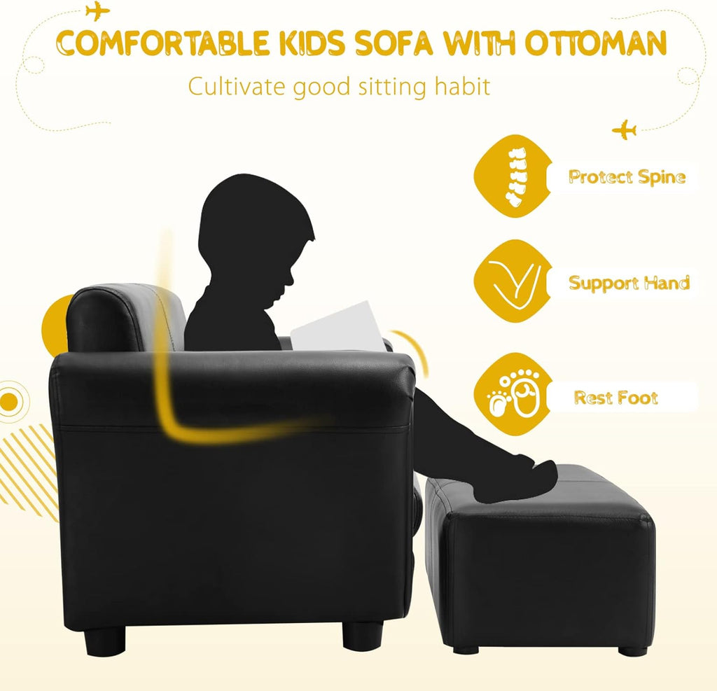 HONEY JOY Kids Sofa, 2 Seat Toddler Couch Lounge Bed with Ottoman, Sturdy Wood Construction, Children PU Leather Upholstered Loveseat Armrest Chair for Bedroom Living Room, Double Seat w/Stool (Black)