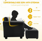 HONEY JOY Kids Sofa, 2 Seat Toddler Couch Lounge Bed with Ottoman, Sturdy Wood Construction, Children PU Leather Upholstered Loveseat Armrest Chair for Bedroom Living Room, Double Seat w/Stool (Black)
