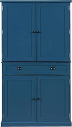 4 Doors Tall Pantry Cabinet with Adjustable Shelves and Drawer, Freestanding Cupboard with 6 Door Shelves and 3 Pull-Out Trays for Kitchen, Dining Room (Blue)