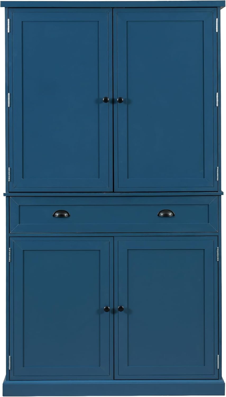 4 Doors Tall Pantry Cabinet with Adjustable Shelves and Drawer, Freestanding Cupboard with 6 Door Shelves and 3 Pull-Out Trays for Kitchen, Dining Room (Blue)