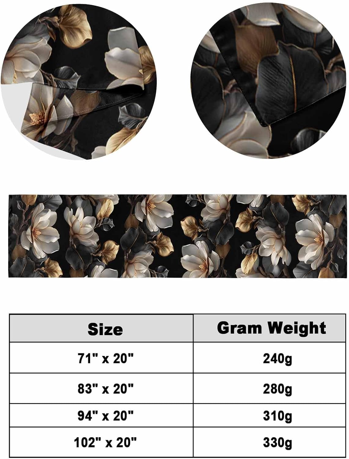 Magnolia Blossoms Bed Runner for King Size Bed, 102"x20" Retro White Floral Black Gold Leaf Branch Luxury Bed Runners & Scarves Decorative Bedding Scarf Protector Slipcover for Home Hotel