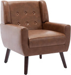 Faux Leather Accent Chair, Morden Upholstered Armchair for Living Room, Button Tufted Arm Chair Comfy Single Sofa Bedroom Side Reading Seat - Coffee