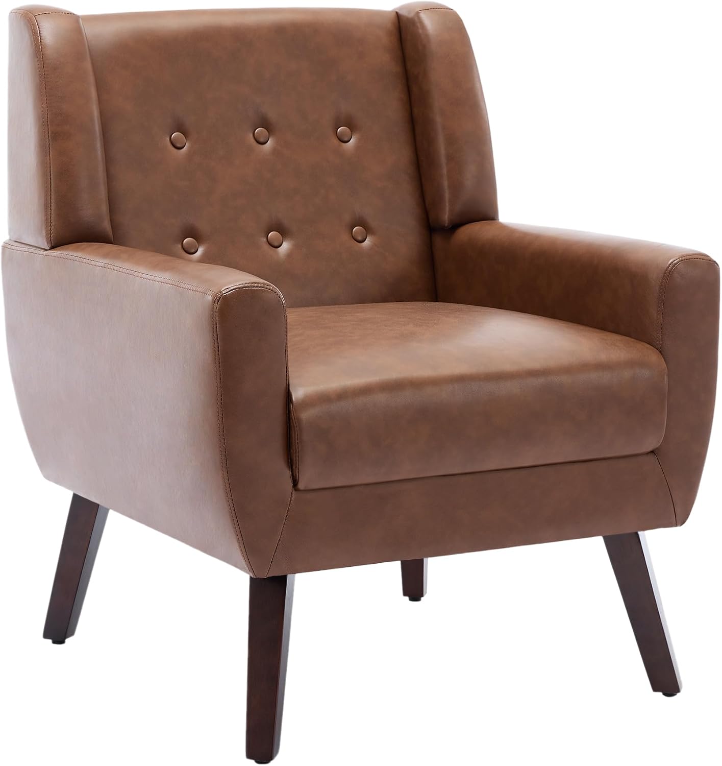 Faux Leather Accent Chair, Morden Upholstered Armchair for Living Room, Button Tufted Arm Chair Comfy Single Sofa Bedroom Side Reading Seat - Coffee