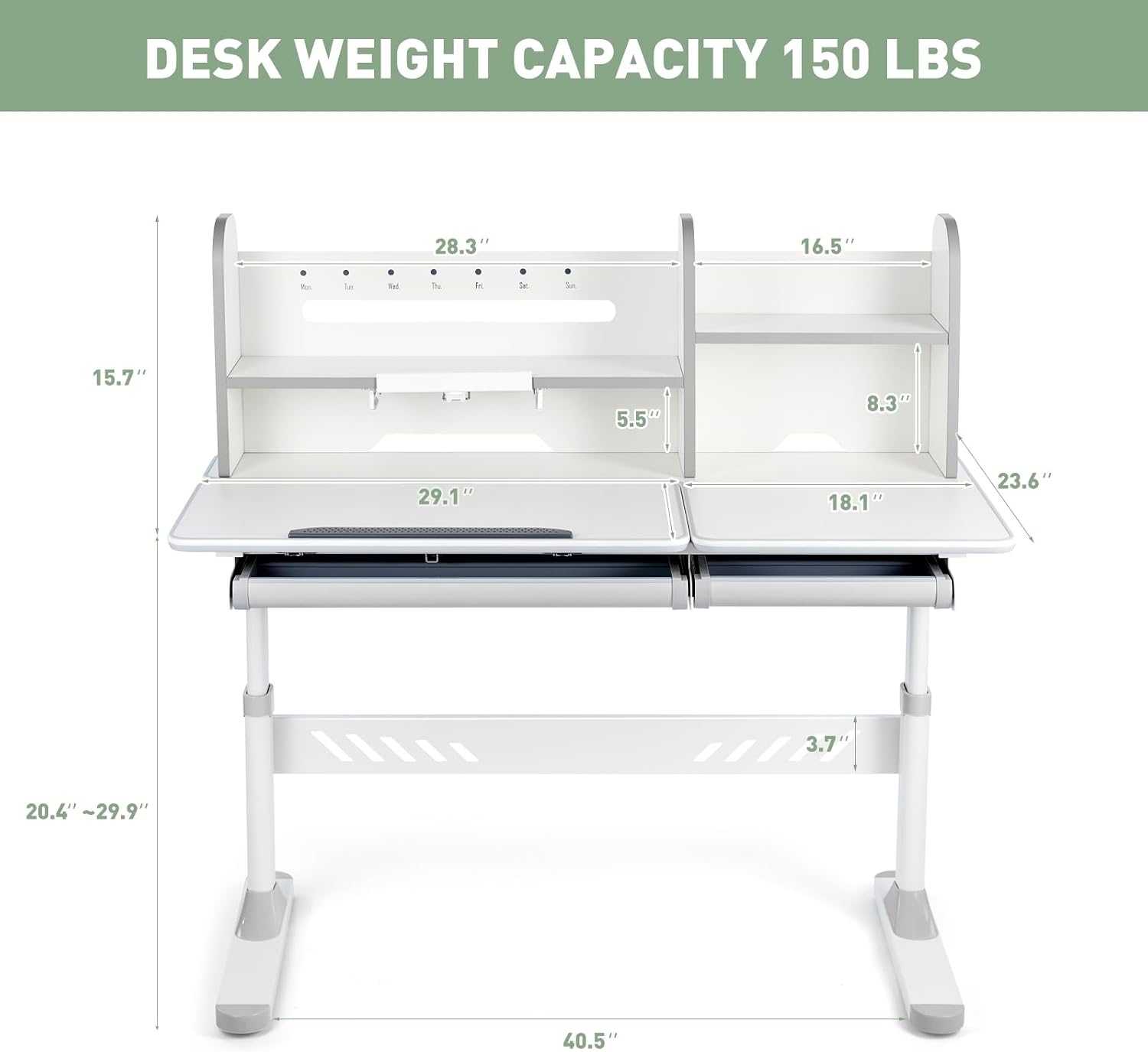 COSVALVE Adjustable Kids Desk with Hutch and Drawers, 47" Wide Multifunction Ergonomic Study Table, with Two Storage Drawer, Tilt Desktop, Height Adjust for Home or School Use, for Girls Boys (Grey)