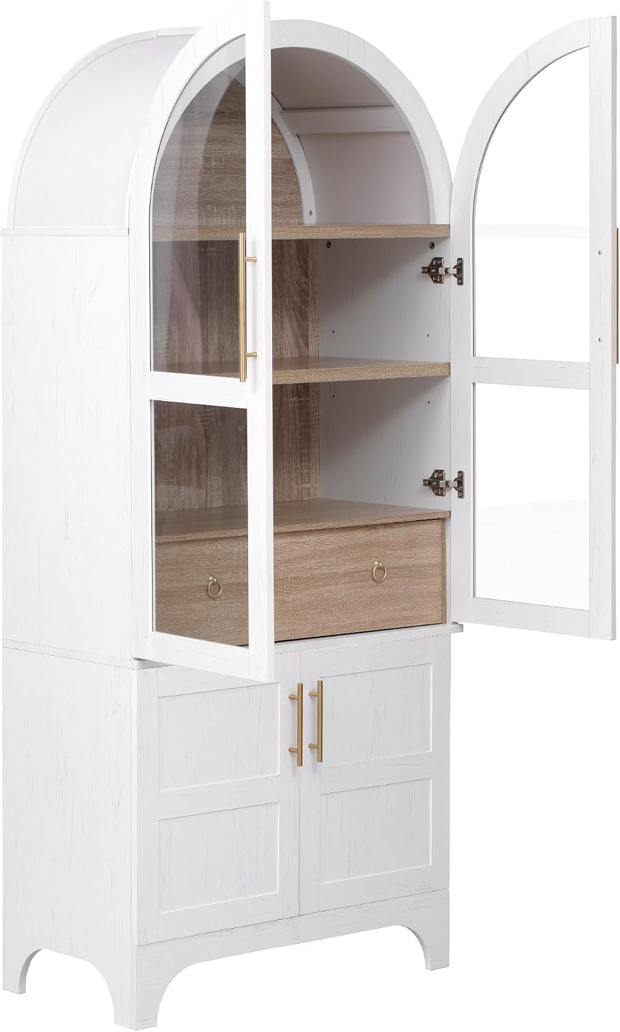 KLMM 71" Tall Arched Kitchen Pantry with Door Shelves,Storage Cabinets with Open & Adjustable Shelves,Hidden Drawer & Glass Door,for Kitchens Dining Room (White#Glass)