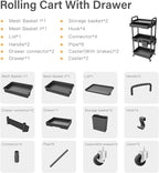 Sorgion 3 Tier Rolling Cart Organizer,Laundry Room Bathroom Organizers and Storage Office Shelves Mobile Shelving Unit Kitchen Trolley Cart with Wheels for Art,Craft,Diaper,Bedside,Snack(Black)