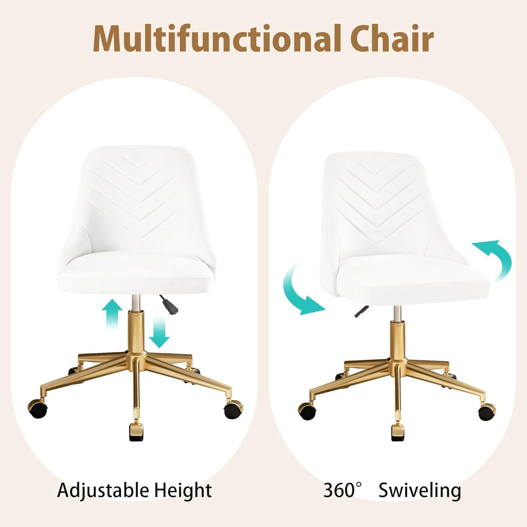 VECELO Velvet Vanity Desk Chair with Height-Adjustable for Office Living Room Bedroom Make Up Study, 360°Swivel, Wheeled Gold Base, Pearl White