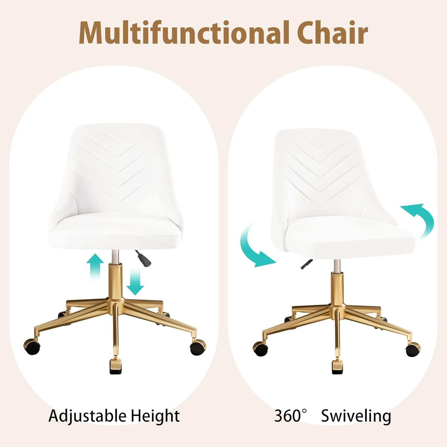 VECELO Velvet Vanity Desk Chair with Height-Adjustable for Office Living Room Bedroom Make Up Study, 360°Swivel, Wheeled Gold Base, Pearl White