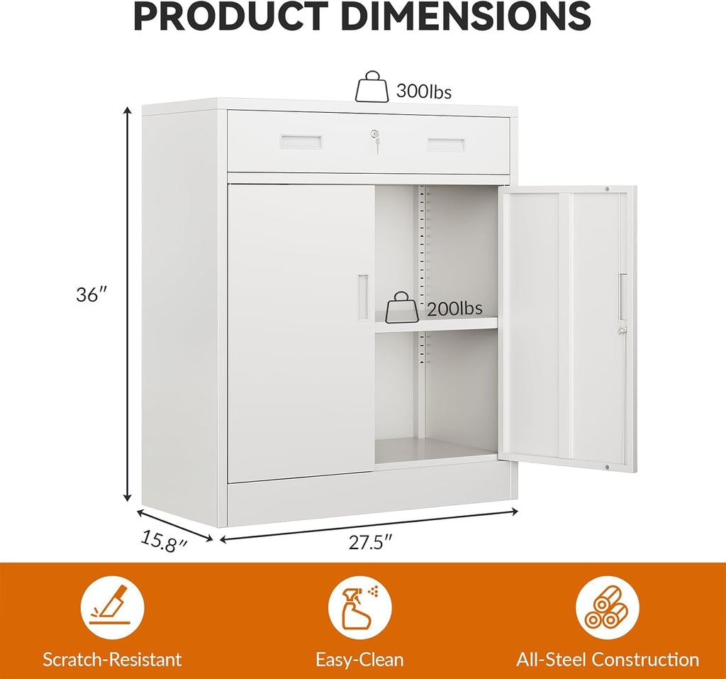 BESFUR Metal Storage Cabinet, Garage Storage Cabinet with One Drawer and Adjustable Shelf, Locking Short Storage Cabinet for Office Garage Home, White Metal Cabinets(36" H x 27.5" W x 16" D)