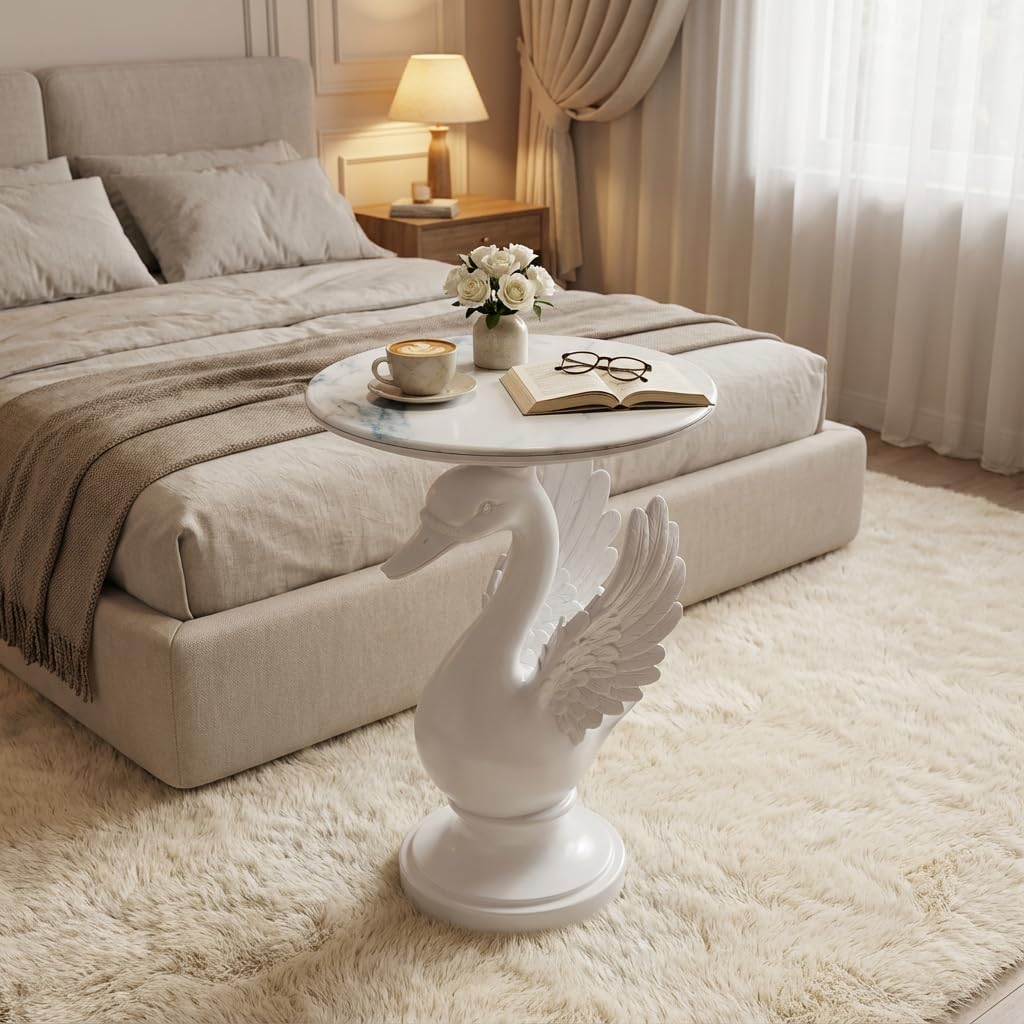 Sculptural Swan Head Side Table, Artistic Animal End Table with Faux Marble Top, Modern Accent Table for Living Room, Unique Home Decor Gift for Housewarming, 19.69" W x 25.5" H