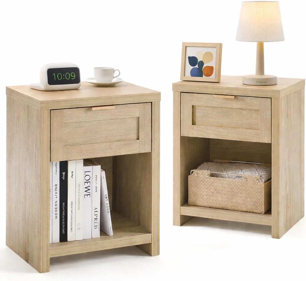 Walsham Natural Nightstands, Light Weathered Oak, 2 Set | Boho Bed Side Table, Minimalist Night Stand, Drawer and Storage Shelf, Farmhouse End Tables