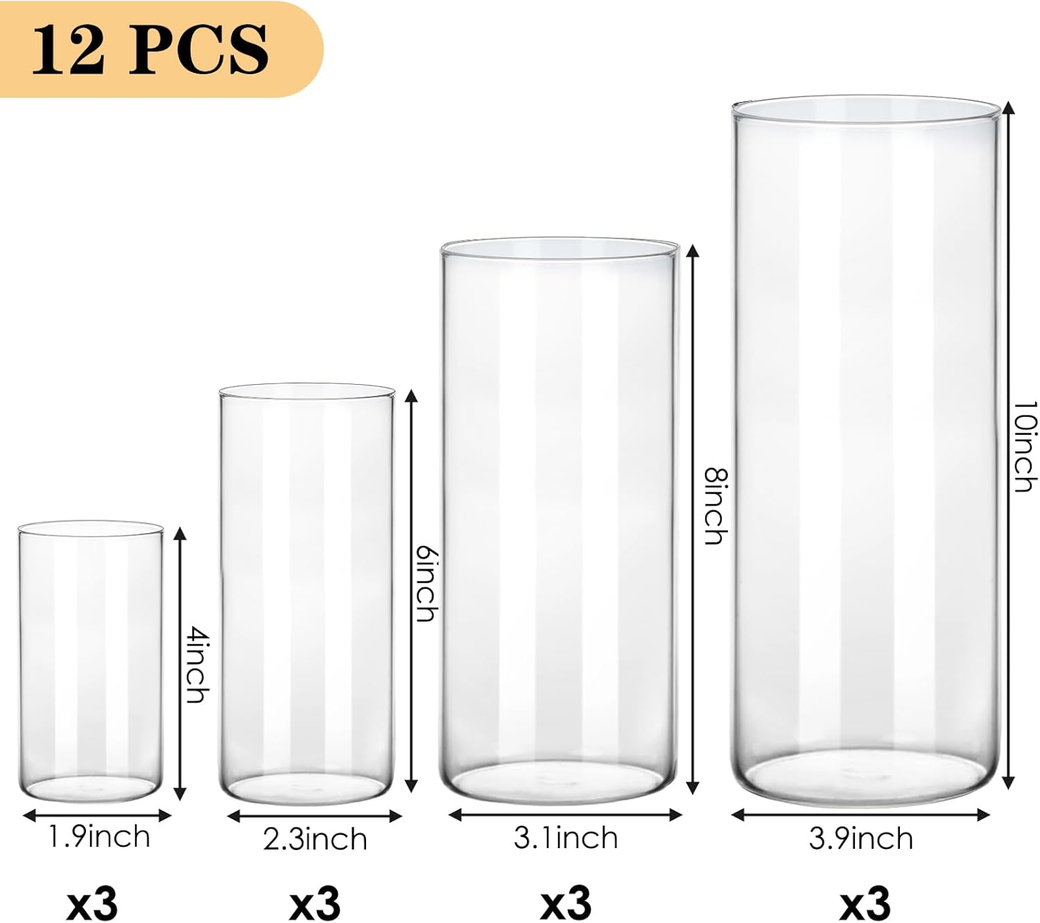 Fixwal 12pcs Clear Glass Cylinder Flower Vases, 4, 6, 8, 10 Inch Tall Cylinder Vases for Centerpieces, Glass Flower Vase Floating Candle Holder Vase for Table Shelf, Party, Wedding, Home Decor