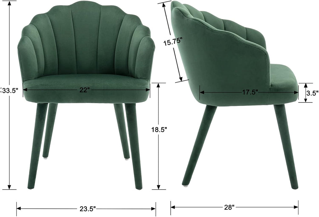 Velvet Dining Chairs Set of 2 Modern Living Room Chairs with Petal Back & Wood Legs Comfy Upholstered Accent Chair Side Chair for Dining Room/Bedroom/Vanity, Green