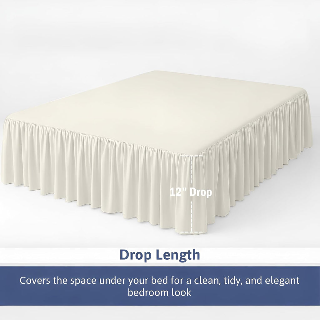 King Size Ruffled Bed Skirt - 16 inch Drop Dust Ruffle Bedskirt with Split Corners, Easy Fit Platform Design Bed Skirts, Three-Sided Coverage, Microfiber Bedskirts, Ivory