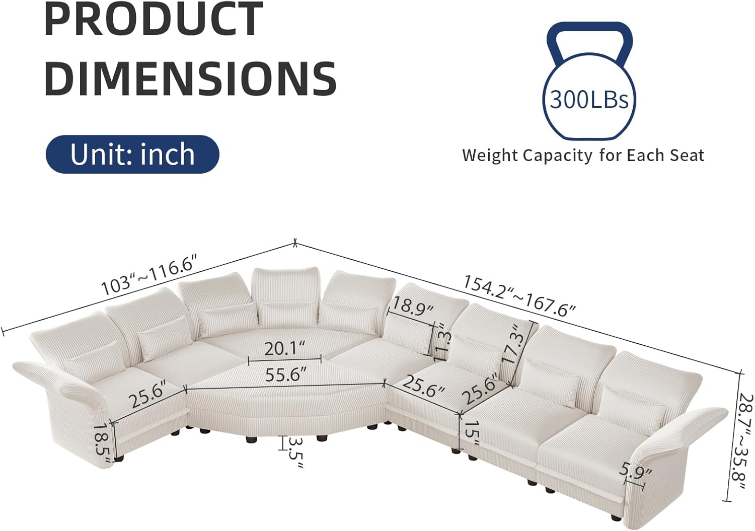 LLappuil Curved Oversized Sectional Couch with Storage & Hexagon Seat, L Shaped Modular Sectional Sofa for Living Room with Adjustable Arms Backs, Thick Plush Cushions, 8 Seater, Beige Corduroy