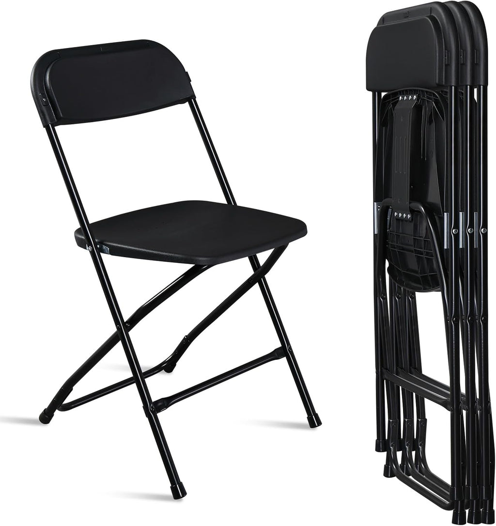 Black Plastic Folding Chairs | Steel Frame, 350 lbs Capacity, Indoor/Outdoor, Set of 4