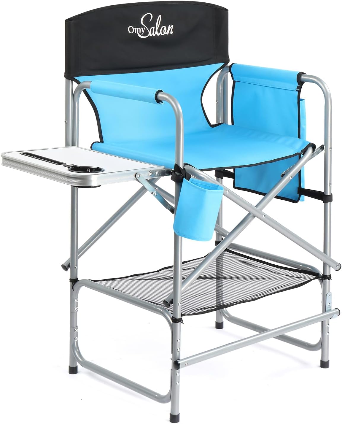 OmySalon 26" Extra Tall Director Chair w/Side Table, Heavy-Duty Steel Frame Portable Folding Bar Stool w/Storage Pockets, for Makeup Artist, Salon, Studio, Camping, 301 lbs Capacity (Navy)
