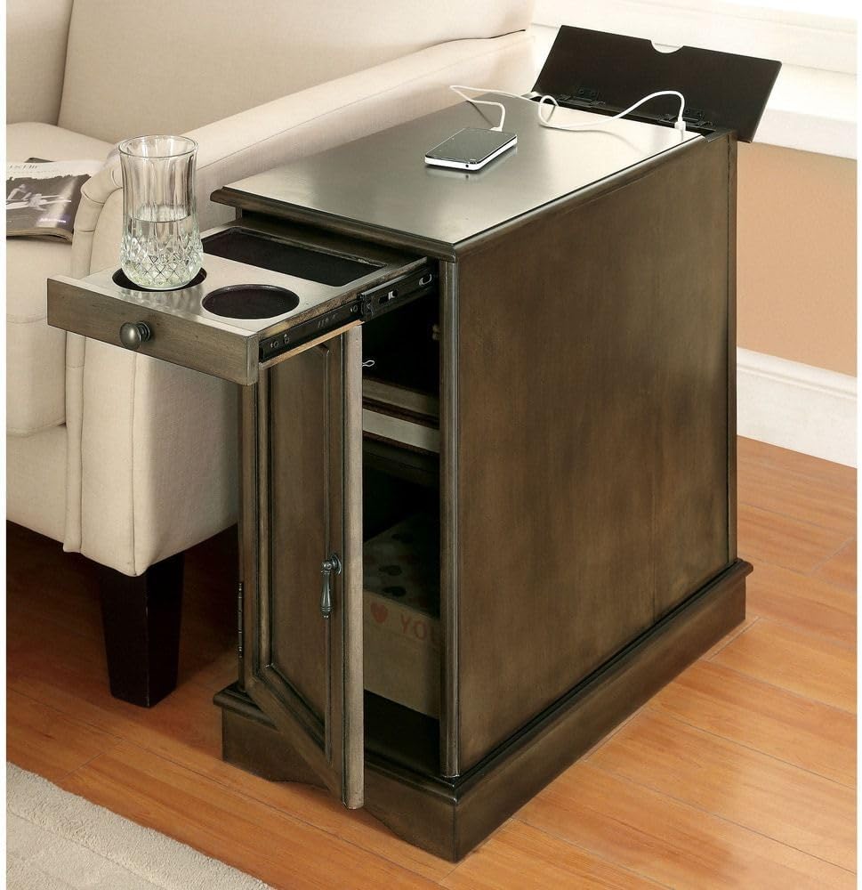 Stylish Modern Transitional Gray Side Table/Nightstand with USB Outlet - Multifunctional Solid Wood Storage Cabinet for Your Home!