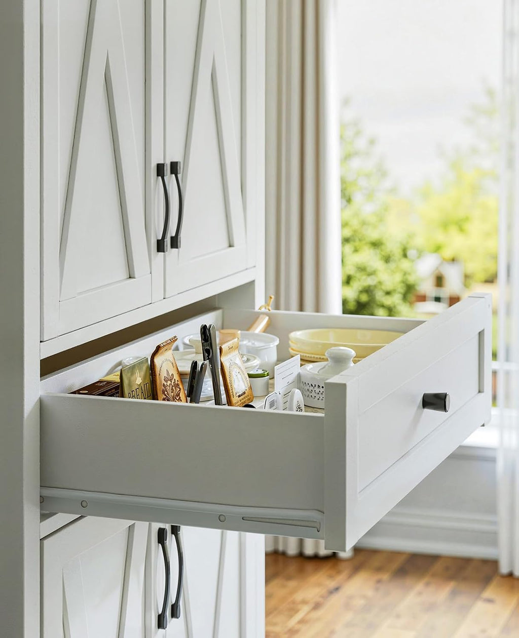 Lyromix 68'' Farmhouse Kitchen Pantry Cabinet with Adjustable Shelves, Tall Storage Cabinet with Barn Doors, Freestanding Versatile Cupboard for Dining Room, White