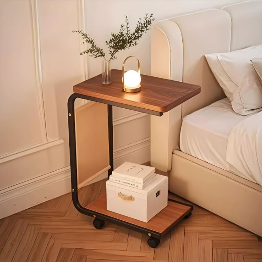 Side Table - C-Shaped End Table, Small Side Table for Couch, Sofa Bed Bathroom Study TV Tray C Shaped End Table Food Snack Trays for Eating (with Wheels)