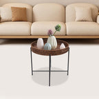 Retro Foldable Imitation Rattan Round Coffee Table, Imitation Wicker Wooden End Table with Removable Tray and 10lbs Load Capacity, for Living Room, Bedroom, Office, Bathroom, Bar, Balcony