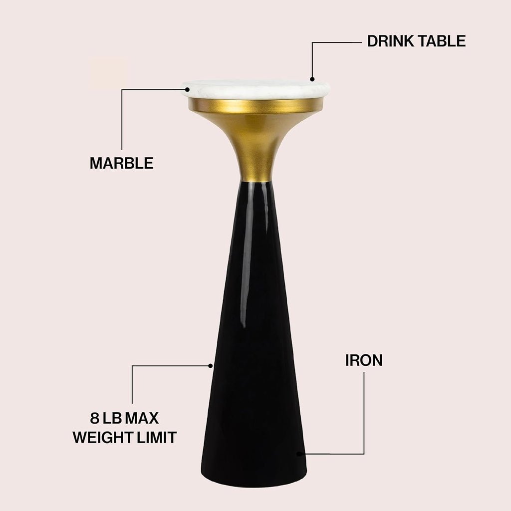 JONATHAN Y Oliver Black/Gold Metal Drink Table with White Marble Top, 8" Small Round Pedestal Side Table for Living Room, Modern Martini Cocktail Accent Stand for Small Spaces, 22.25" H END1009B