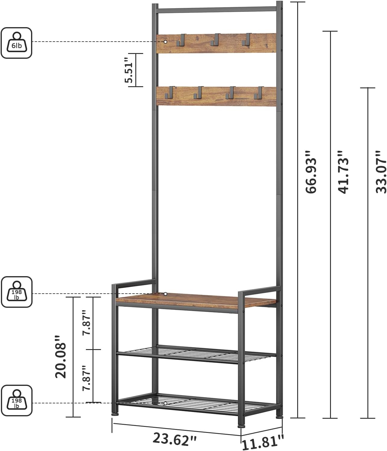 Coat Rack Hall Tree with Shoe Storage, Entryway Hall Tree Storage Bench, Wood Look Accent Furniture with Metal Frame, 3-in-1 Design, Rustic Brown | 7 Movable Hooks, 330lb Weight Capacity, Anti-Tip Design, Adjustable Feet, Fits Small Spaces