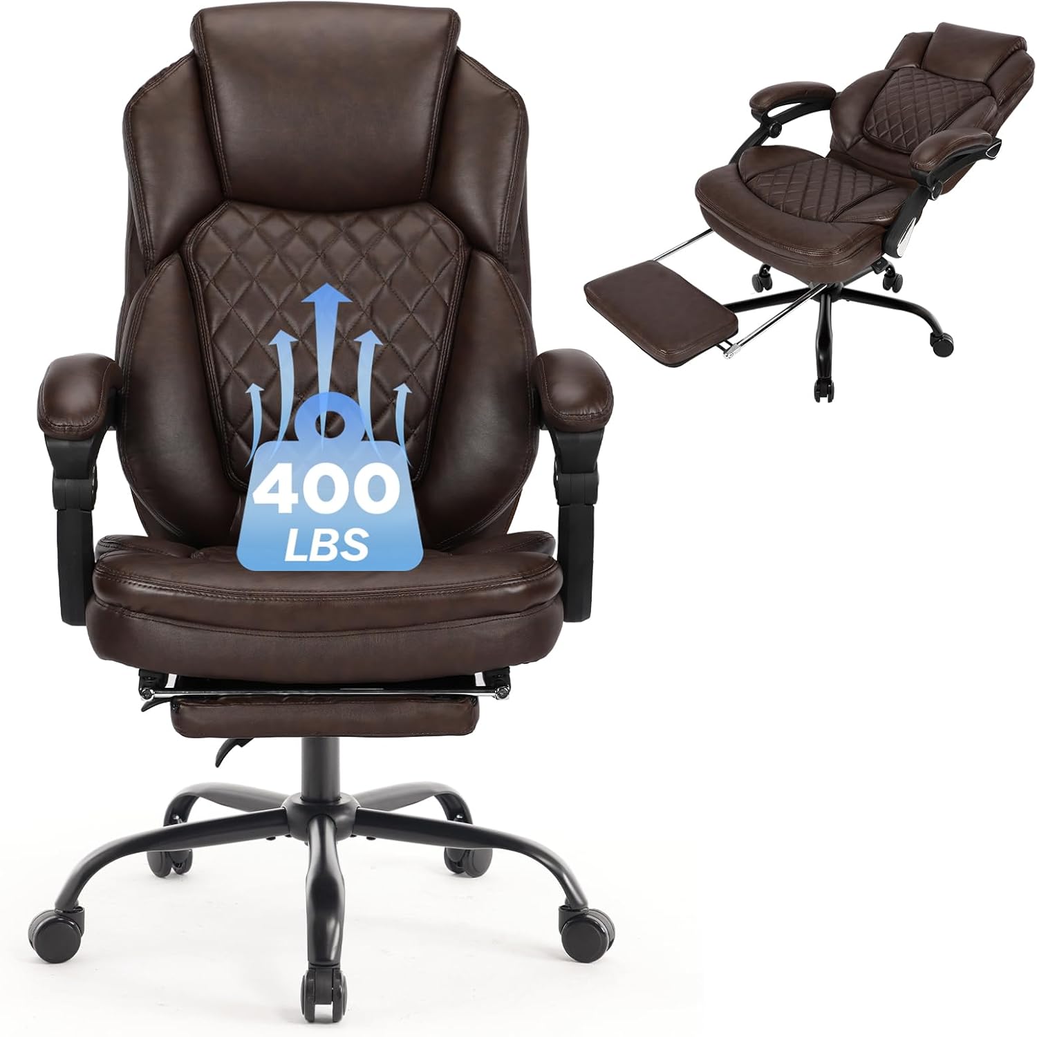400lbs Ergonomic Reclining Office Chair with Footrest, Plus Size Big Tall Leather Recliner Office Desk Chairs with Foot Leg Rest, Brown