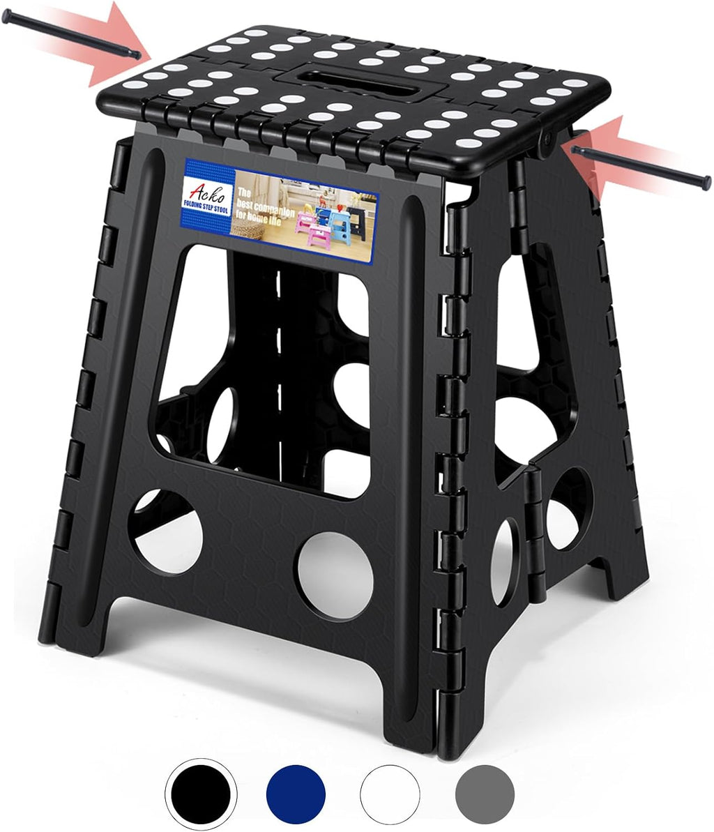 ACKO Folding Step Stool Foldable 16 Inch 400 lbs Capacity, Plastic Stools for Adults and Kids, Collapsible Stools for Kitchen, Stepping Stool with Handle, Black,1 PC