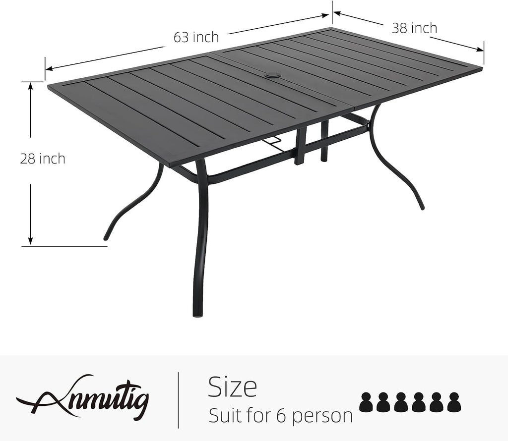 63"x38" Rectangle Outdoor Patio Dining Table with Umbrella Hole - 6 Person | 63" x 38" x 28" Rectangle Table, Slat Table Top, Black, Metal Top and Frame, 1.57"-1.9" Adjustable Umbrella Hole, All Weather