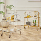 Folding Side Table with Tempered Glass Top, Double Layer Minimalist Rolling Cart, End Table with Wheels, Utility Cart for Dining Room, Living Room and Bedroom