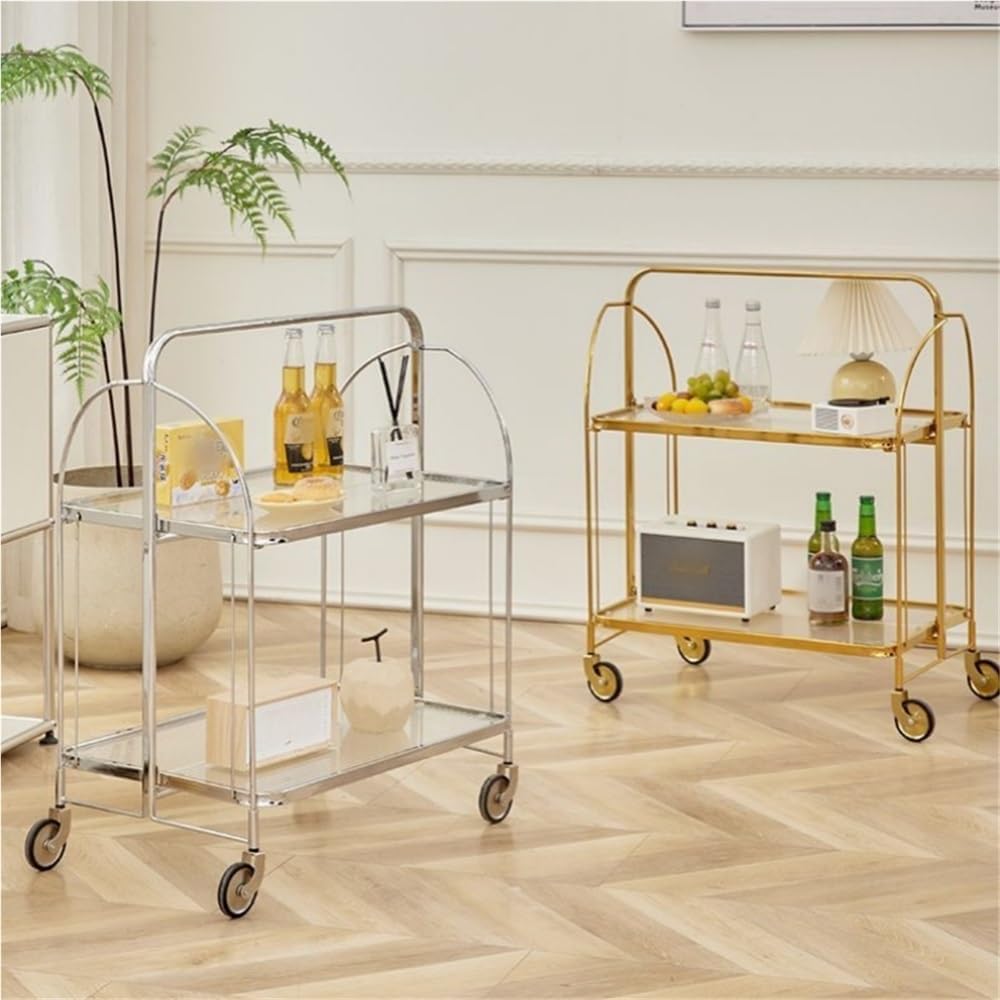 Folding Side Table with Tempered Glass Top, Double Layer Minimalist Rolling Cart, End Table with Wheels, Utility Cart for Dining Room, Living Room and Bedroom