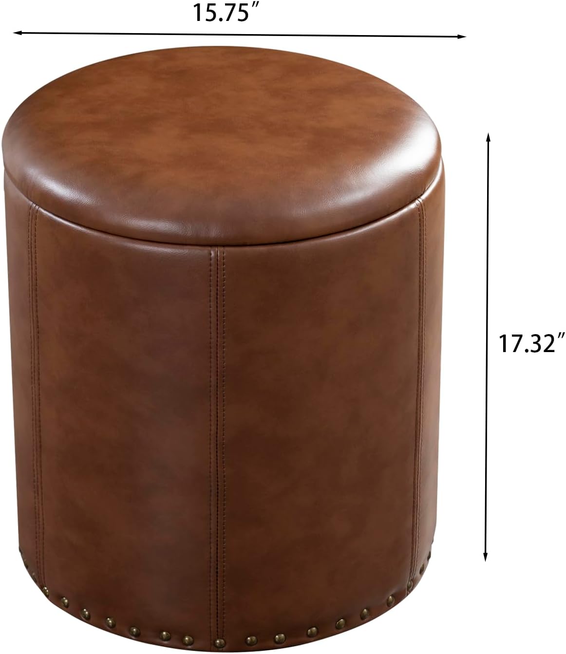 Adeco Brown Upholstered Round Faux Leather Storage Ottoman with Tray Lid | Tufted Foot Rest Ottoman for Living Room & Bedroom | Decorative Home Furniture