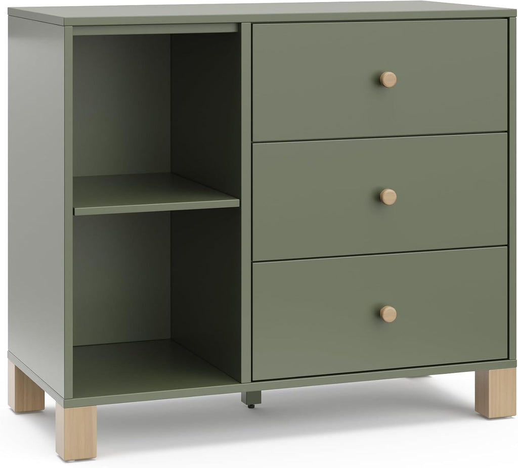 Storkcraft California 3 Drawer Combo Dresser, Olive with Driftwood | GREENGUARD Gold Certified, Interlocking Drawer System, Pre-Installed Drawer Tracks for Easier Assembly, Spacious Cabinet