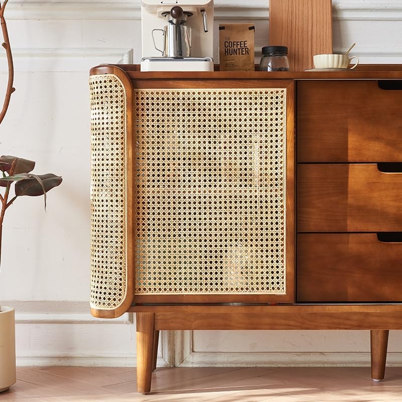 Entryway Cabinet Chinese Style Wooden Sideboard Dining Room with Drawers Double Door Rattan Storage Cabinet Multifunctional Storage Cabinet Sideboard Storage Cabinet