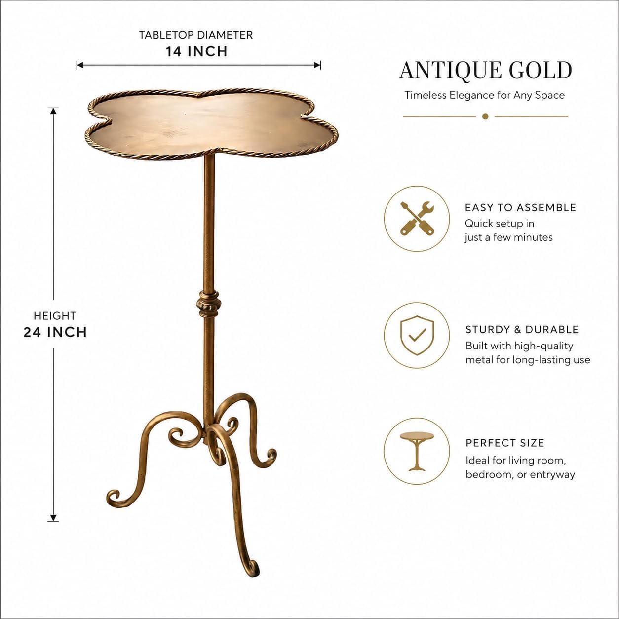 Antique Gold Metal Side Table, Modern Accent Small Drink Table, Coffee Martini Table for Small Spaces,Living Room,Bedroom,Corners