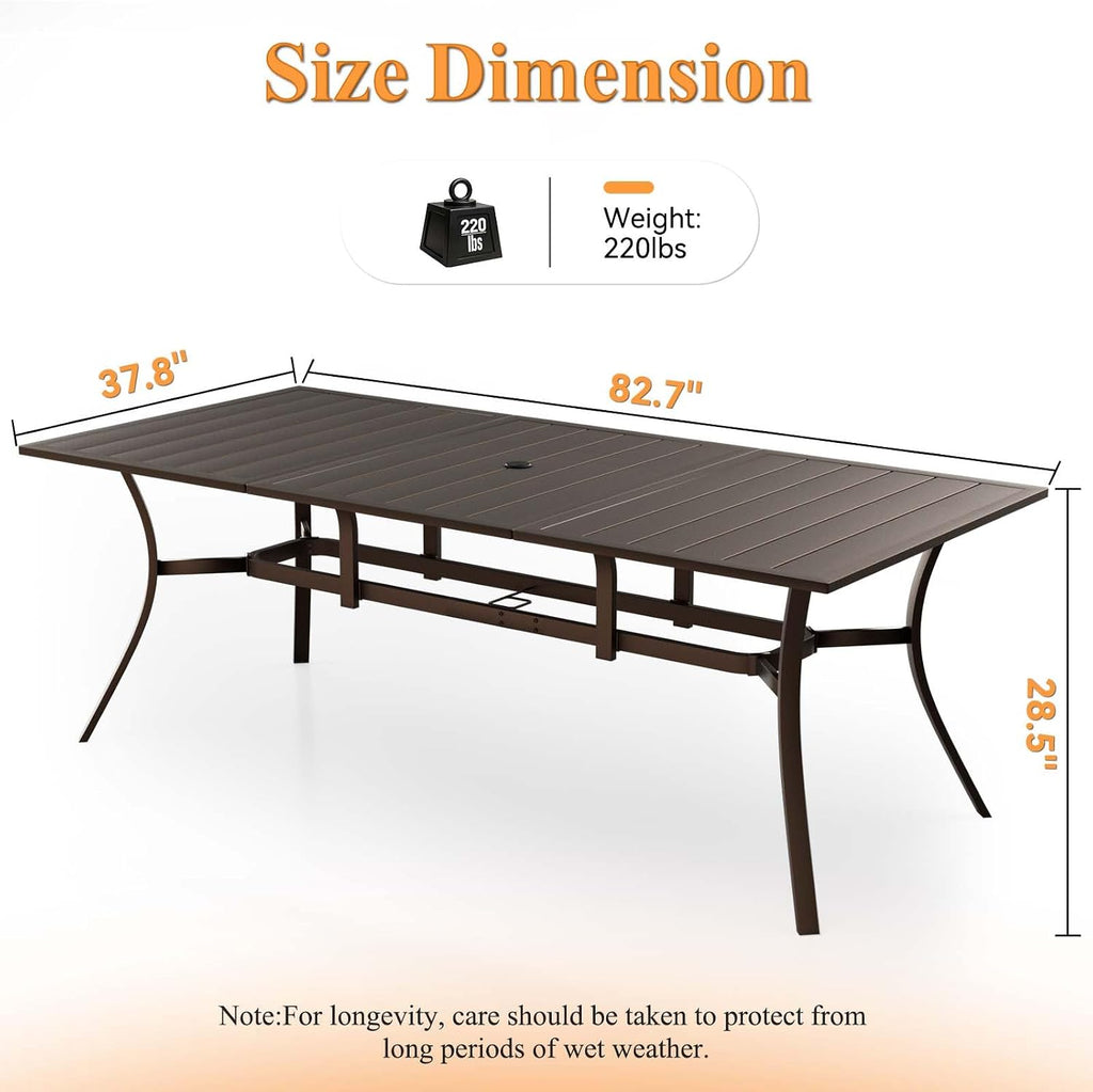 Rectangle Patio Dining Table, 8-Person Metal Outdoor Patio Table with Adjustable Umbrella Hole, Weather-Resistant for Garden Backyard Porch, Dark Brown