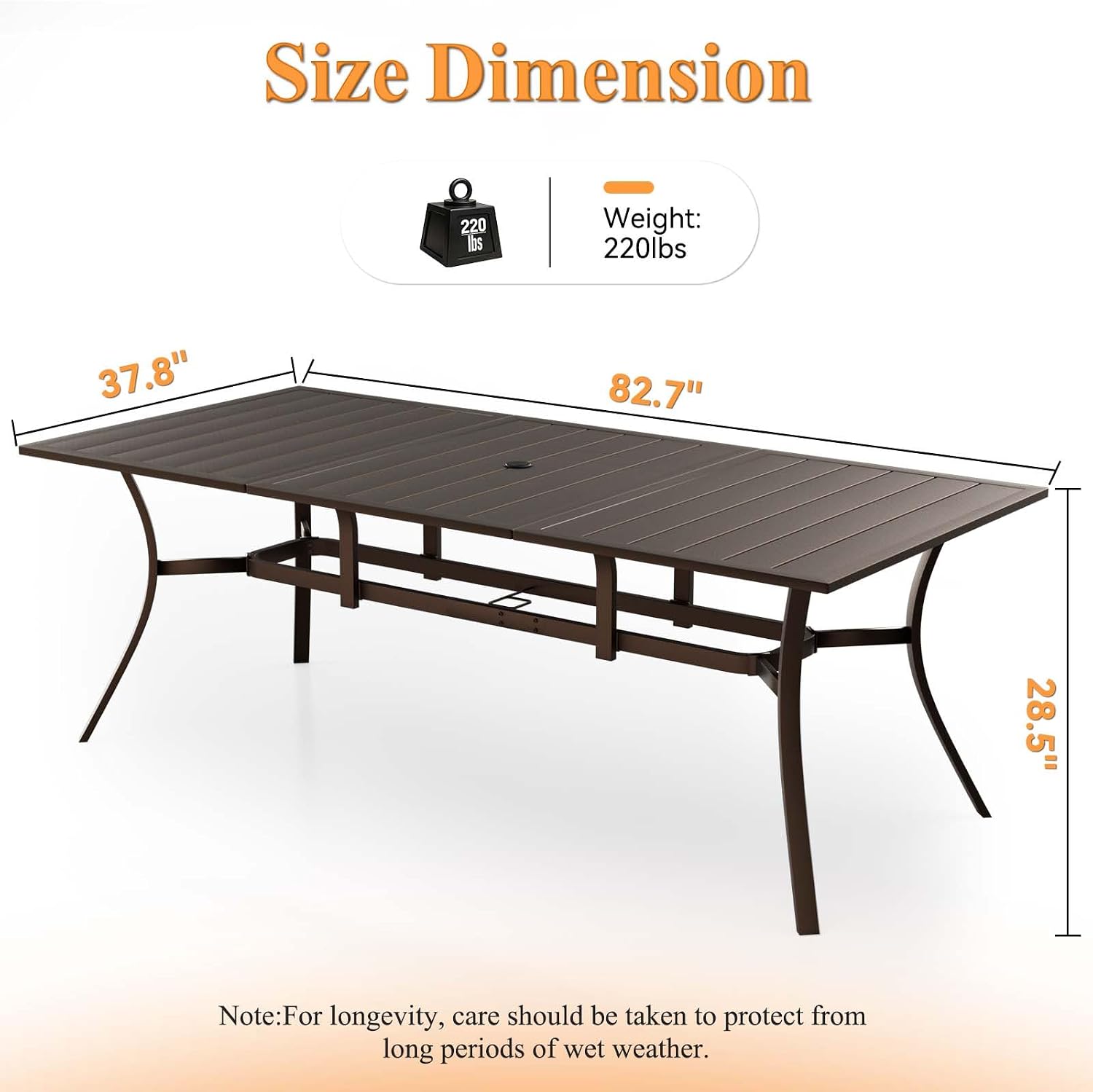 Rectangle Patio Dining Table, 8-Person Metal Outdoor Patio Table with Adjustable Umbrella Hole, Weather-Resistant for Garden Backyard Porch, Dark Brown