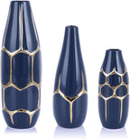 Blue and Gold Ceramic Vase Set of 3, Geometric Decorative Ellipse Vases for Living Room Shelf, Mantel, Table Centerpieces, Bathroom Countertop, Modern Rustic Farmhouse Home Decor (Blue)