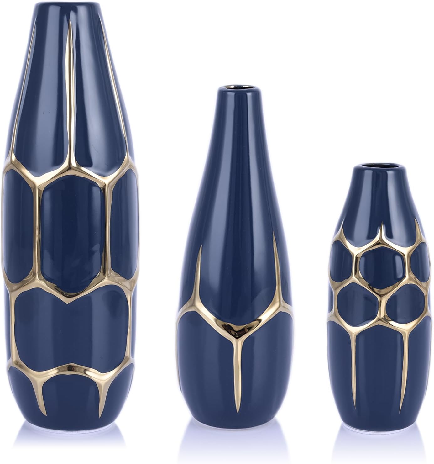 Blue and Gold Ceramic Vase Set of 3, Geometric Decorative Ellipse Vases for Living Room Shelf, Mantel, Table Centerpieces, Bathroom Countertop, Modern Rustic Farmhouse Home Decor (Blue)